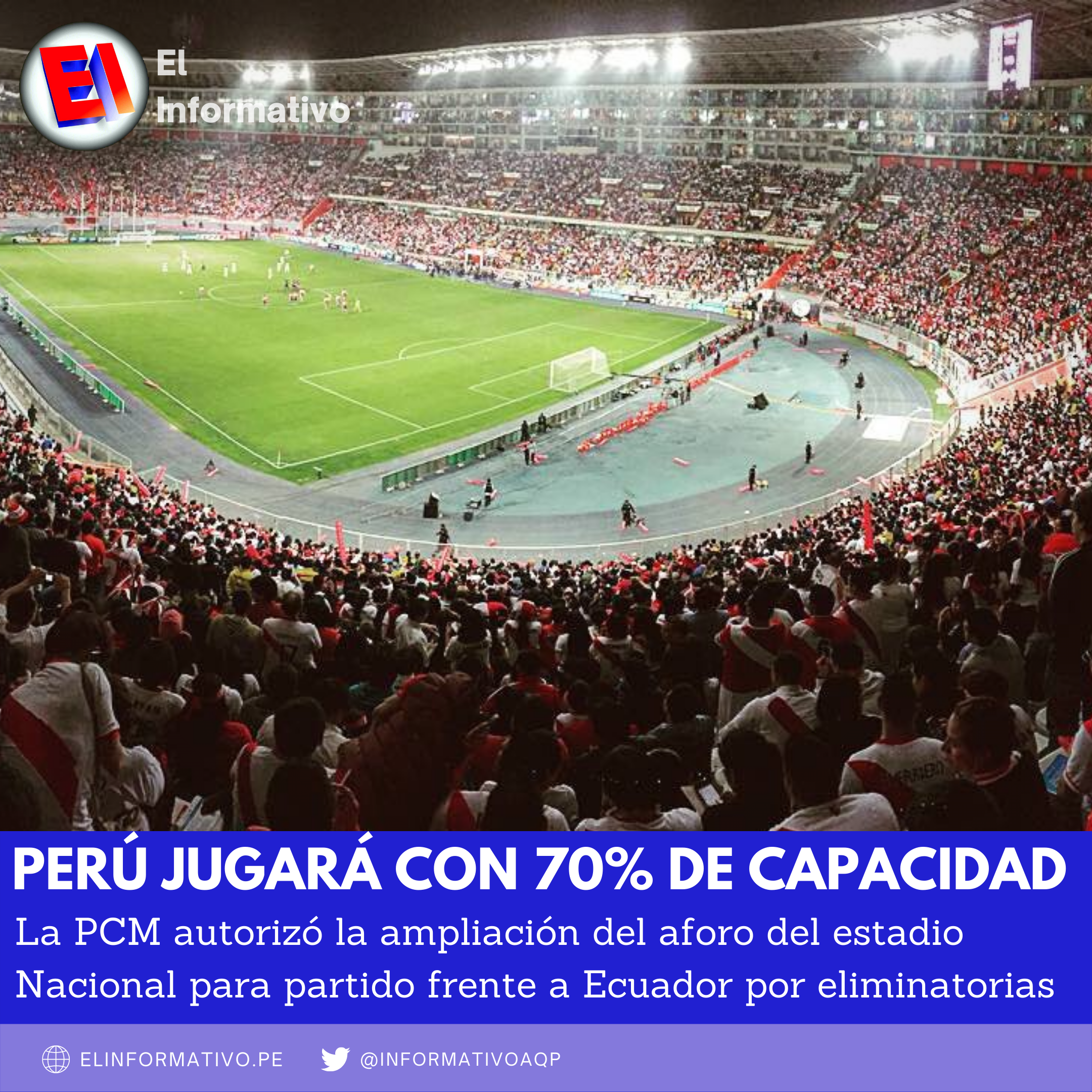 Selección Peruana jugará con 70% de aforo en estadio Nacional según dispuso la PCM