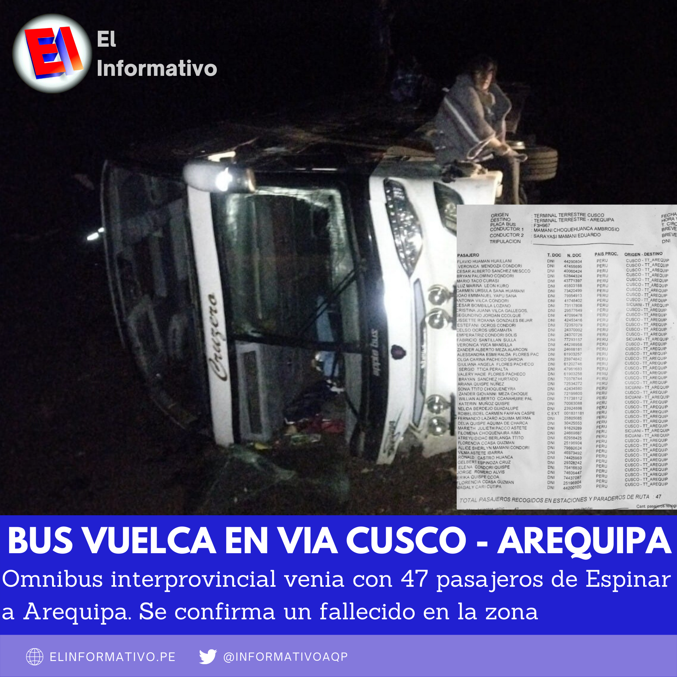Un fallecido hasta el momento y varios heridos deja despiste de bus de la empresa Famisa que venía de Espinar a Arequipa