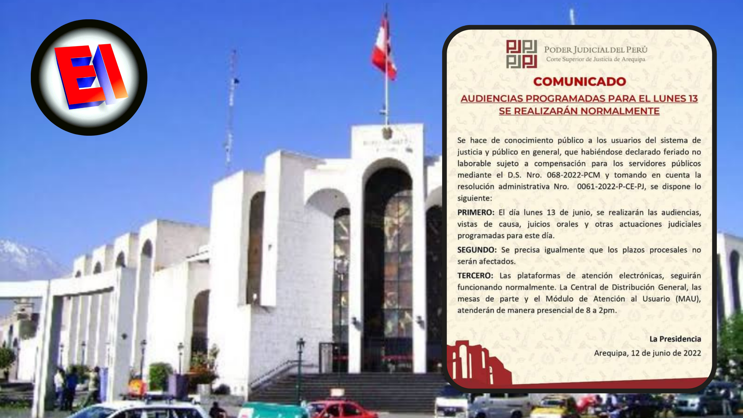 Actividades en Poder Judicial de Arequipa serán con normalidad este lunes 13 de junio