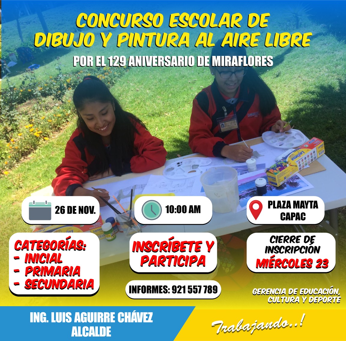 Municipalidad de Miraflores convoca a concursos escolares de dibujo y pintura al aire libre y declamación