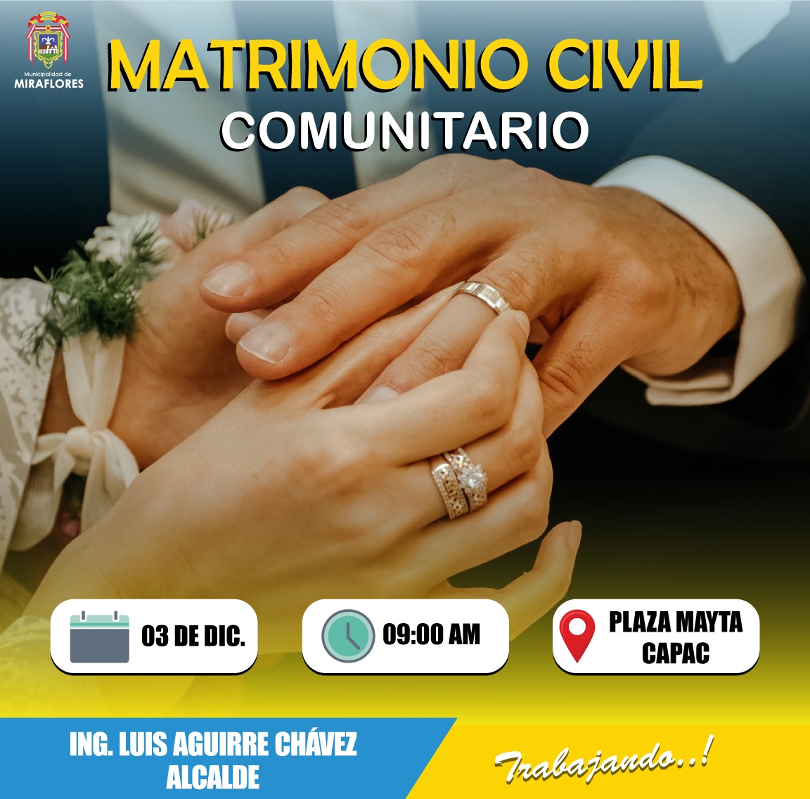 Municipio Miraflorino realizará matrimonio civil comunitario el 03 de diciembre